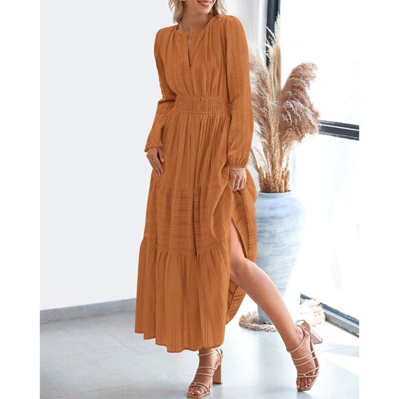 Women Brown Orange Long Sleeve V Neck Elastic Waist Maxi Dress With Pockets - Picture 7 of 8
